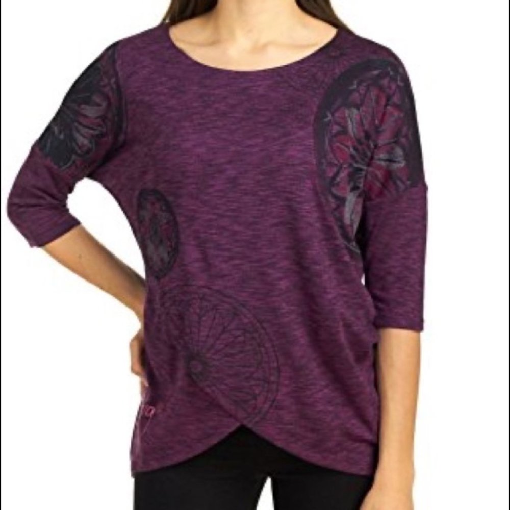 Desigual NWT Purple Heathered Regina graphic tulip hem 3/4 sleeve shirt SP
